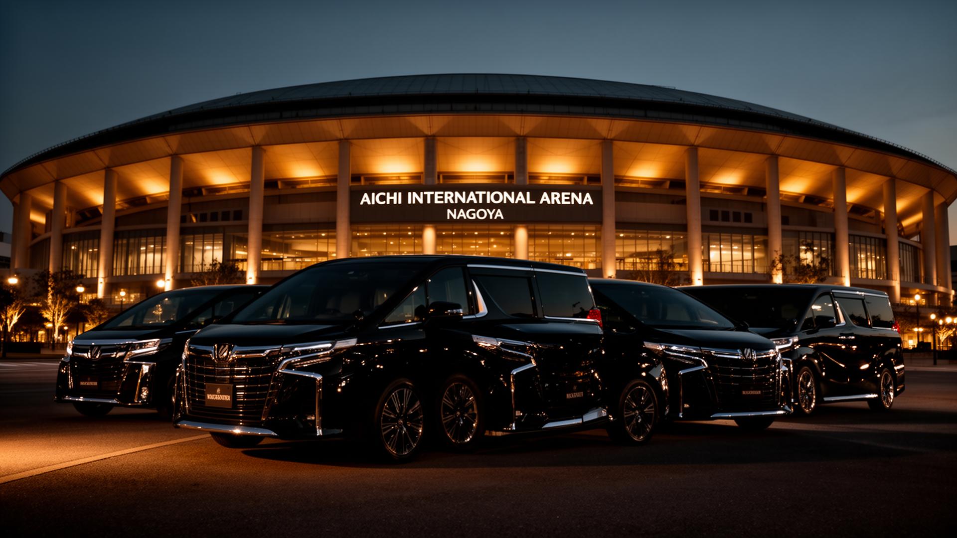 Black executive van convoy staged outside the Aichi International Arena at dusk