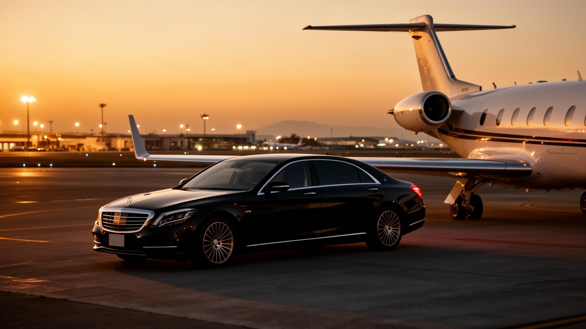 Black executive sedan staged on the tarmac beside a private jet wing at a Kansai FBO at dusk