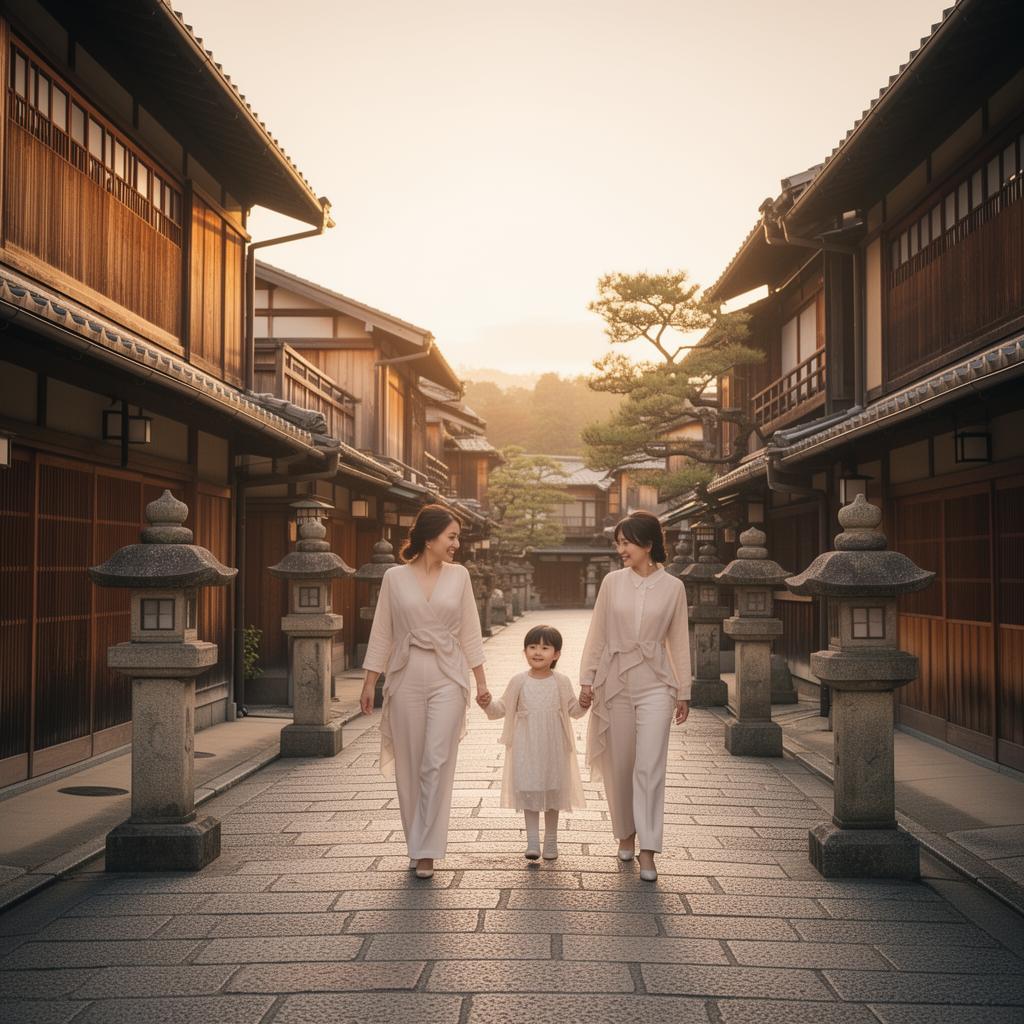Family walking through a historic Kyoto Gion street at golden hour