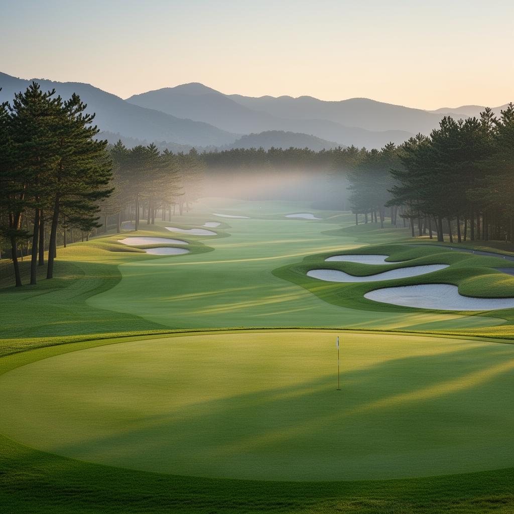 Pristine Japanese championship golf course fairway at dawn with mountains in the distance