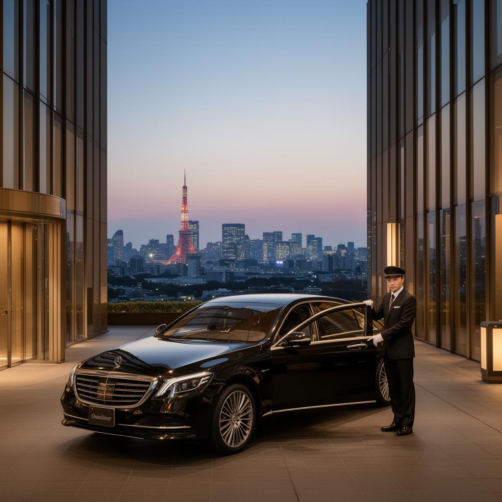 Executive sedan arriving at an Osaka hotel entrance with city skyline at dusk