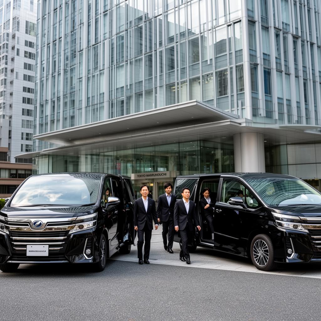 Two black executive vans staged outside a Tokyo Marunouchi corporate tower with executives stepping out