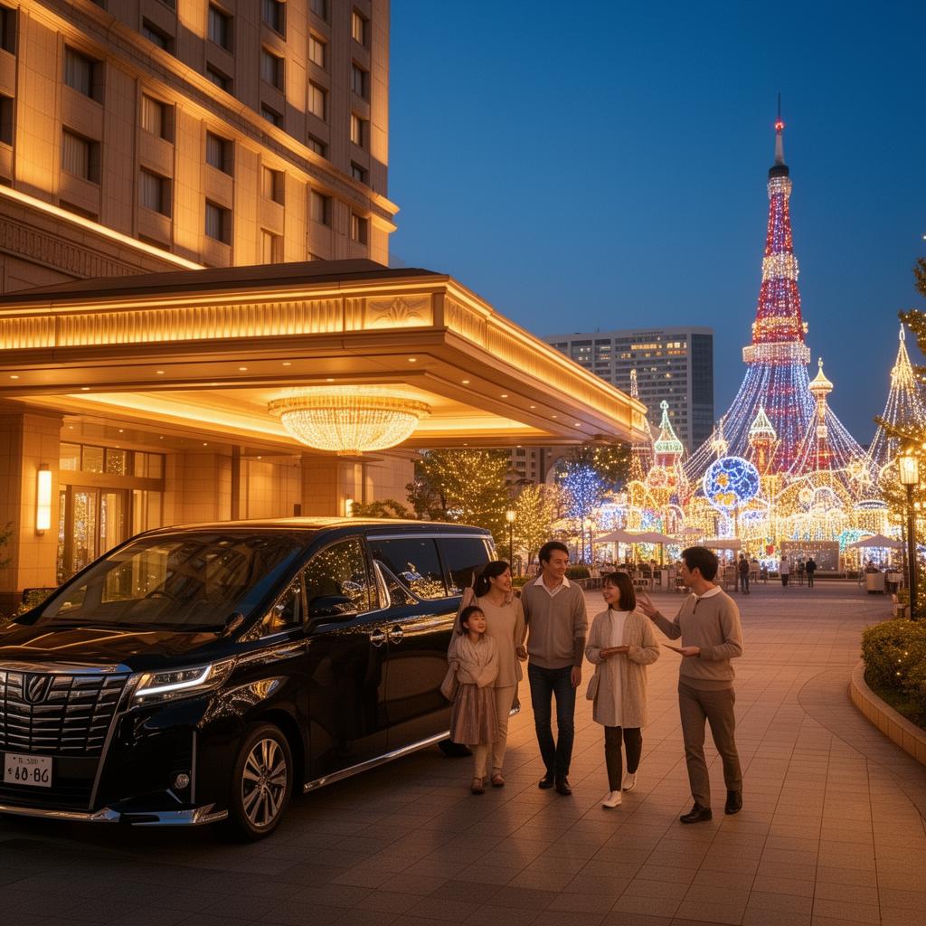 Family arriving at a premium Osaka hotel near a brightly illuminated entertainment district