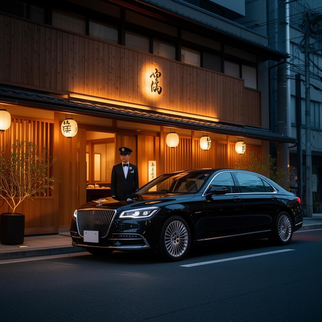 Chauffeur standing beside a black sedan on a quiet Kyoto restaurant street at evening