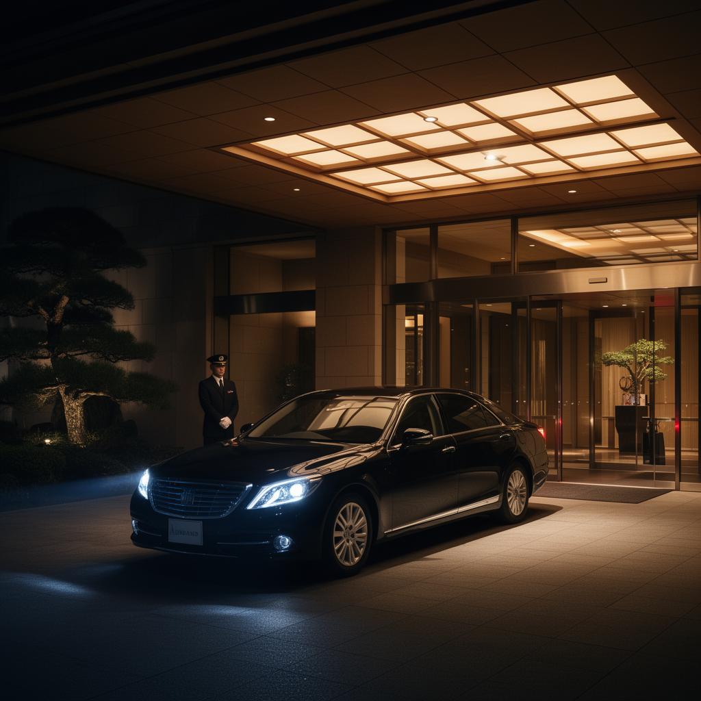 Black executive sedan on standby at a luxury hotel porte-cochere at night