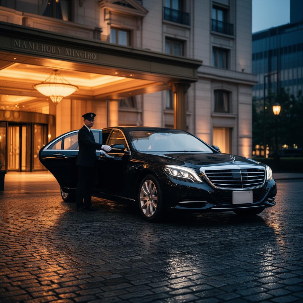 Black executive sedan arriving at a luxury Tokyo hotel entrance at dusk
