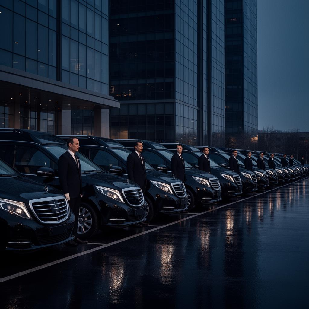 Chauffeur car held in standby outside a luxury hotel at night