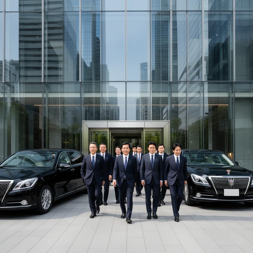 Executives walking out of a Tokyo corporate tower toward waiting black vehicles