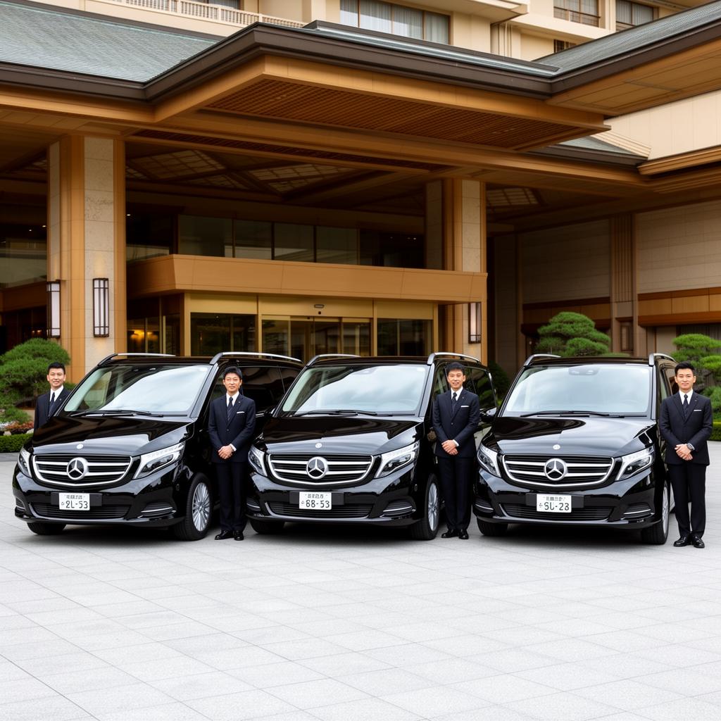Three black Mercedes V-Class executive vans staged at a luxury Japanese hotel forecourt with chauffeurs