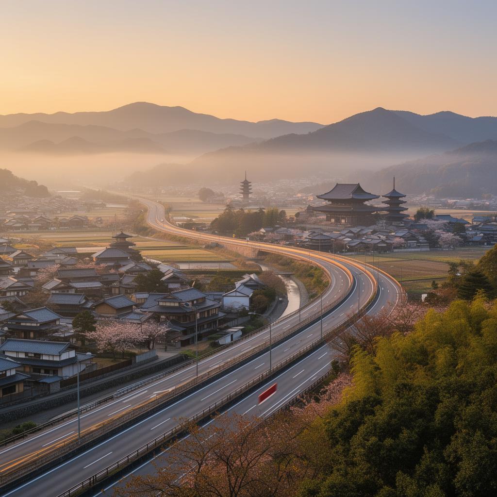 Japanese expressway winding through Kyoto countryside at dawn